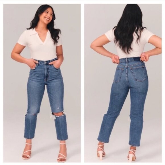 Abercrombie & Fitch Curve Love The Mom High Rise Medium Blue Distressed Jeans 27 - Picture 1 of 5